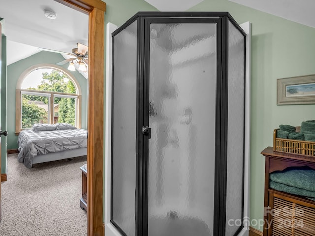 181 Highland Hts, Lake Lure, NC 28746 - ensuite bathroom with a ceiling fan, a shower stall, and lofted ceiling