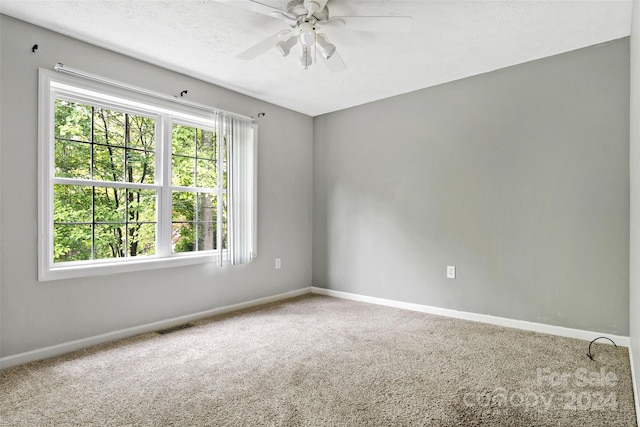 empty room with ceiling fan, a textured ceiling, and carpet flooring