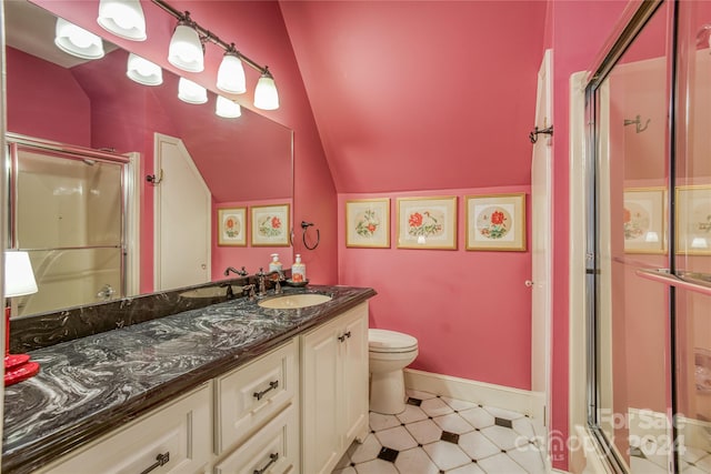 bathroom featuring lofted ceiling, walk in shower, and vanity