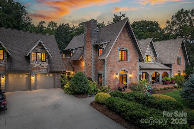 view of front of home with a garage, brick siding, concrete driveway, stone siding, and a chimney