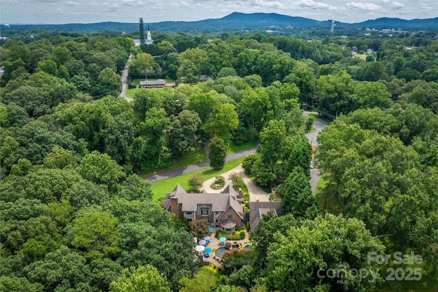 drone / aerial view featuring a wooded view and a mountain view