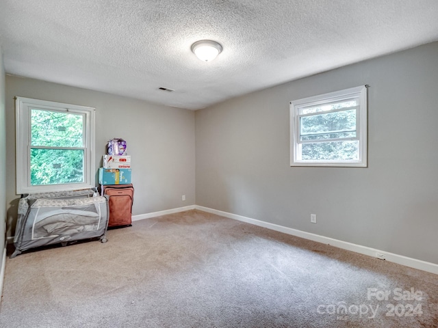 bedroom with a textured ceiling and light colored carpet