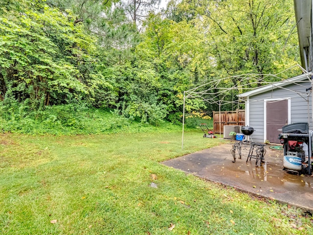 view of yard with a patio area and a shed