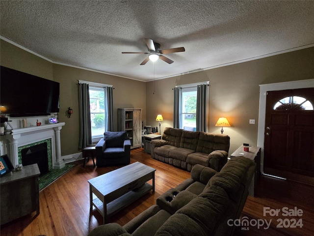 living room with a wealth of natural light, a premium fireplace, wood-type flooring, and ceiling fan