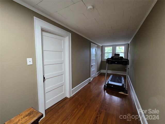 exercise room featuring ornamental molding and dark hardwood / wood-style floors