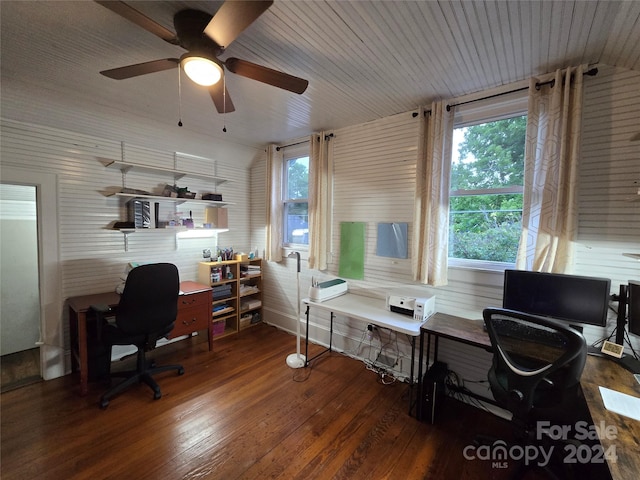 office featuring wooden ceiling, dark wood-type flooring, and ceiling fan