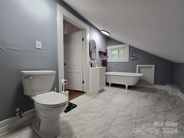 bathroom featuring vaulted ceiling, vanity, and toilet