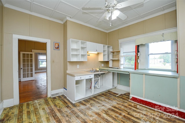 kitchen with a wealth of natural light, white cabinets, ceiling fan, and hardwood / wood-style floors