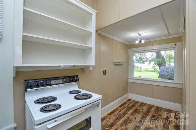 kitchen featuring an inviting chandelier, white electric range oven, crown molding, and dark hardwood / wood-style flooring