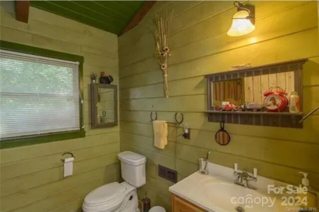 bathroom featuring vanity, wooden walls, and toilet