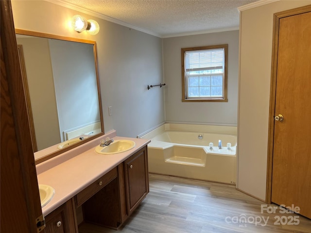 bathroom with crown molding, double vanity, a sink, a textured ceiling, and a bath