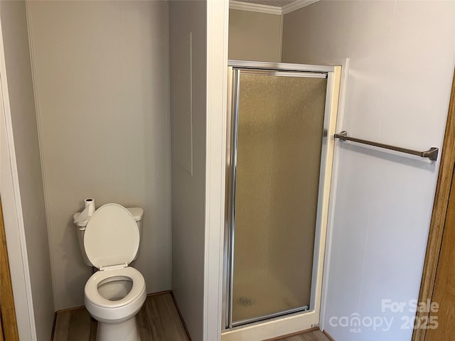 full bathroom with a stall shower and toilet