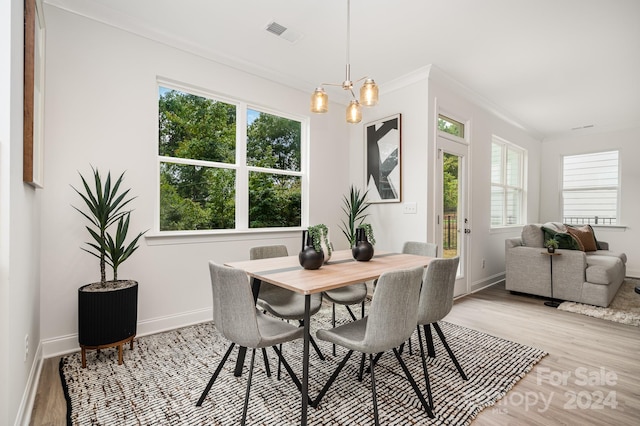 dining space with light hardwood / wood-style flooring, plenty of natural light, ornamental molding, and a chandelier