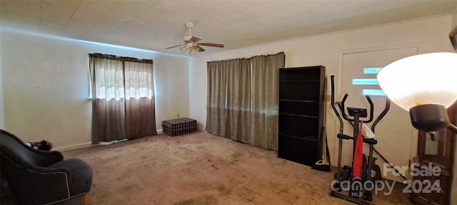 interior space with carpet and ceiling fan