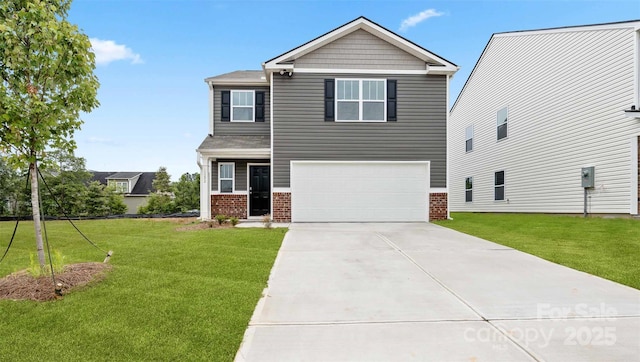 craftsman-style home with an attached garage, driveway, brick siding, and a front yard