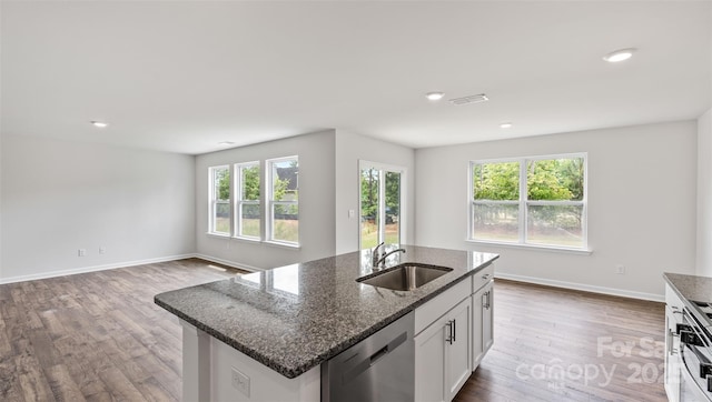 kitchen with wood finished floors, a sink, plenty of natural light, stainless steel dishwasher, and dark stone countertops