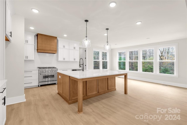 kitchen with white cabinetry, a kitchen island with sink, plenty of natural light, and stainless steel stove