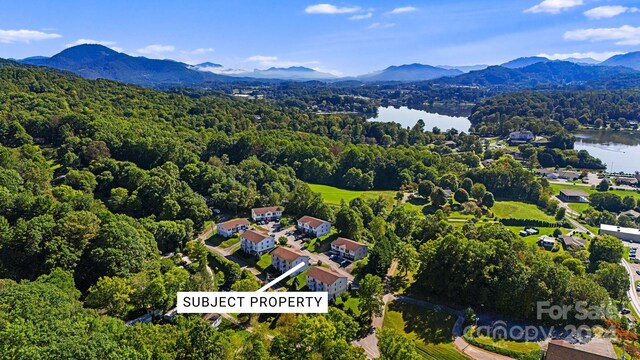 bird's eye view featuring a water and mountain view