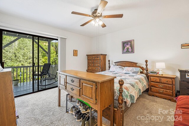 bedroom featuring light carpet, access to outside, and ceiling fan