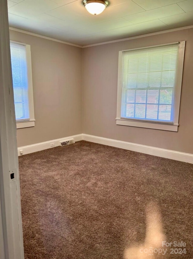 carpeted spare room featuring crown molding