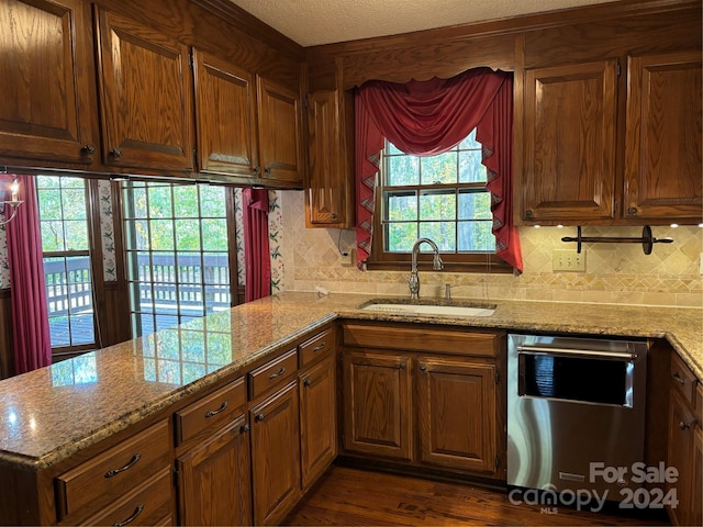 kitchen with a healthy amount of sunlight, sink, stainless steel dishwasher, and dark hardwood / wood-style floors