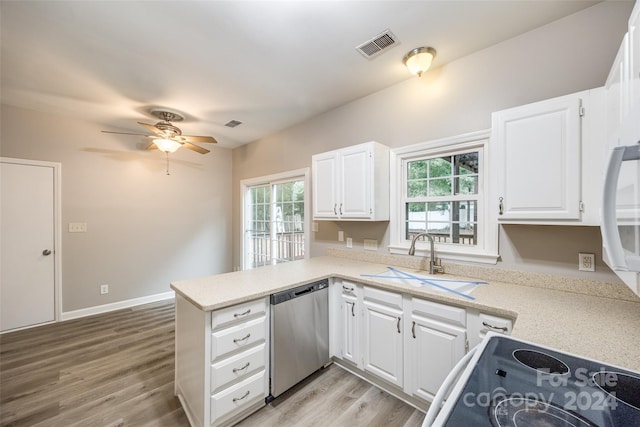 kitchen with sink, white cabinetry, kitchen peninsula, ceiling fan, and stainless steel dishwasher