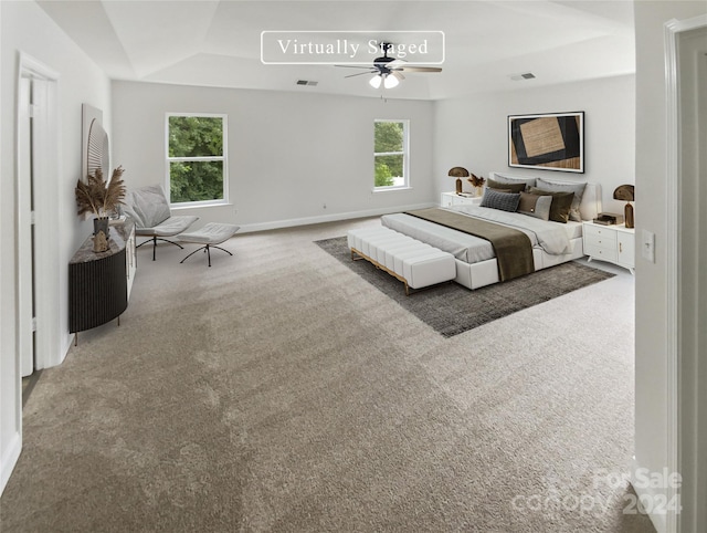 bedroom featuring ceiling fan, a raised ceiling, and carpet flooring