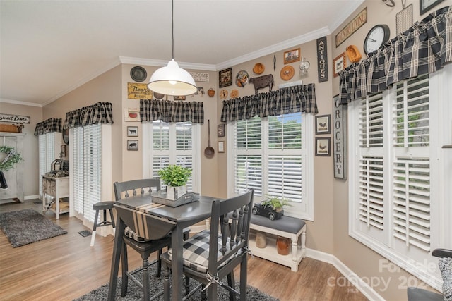 dining area featuring hardwood / wood-style flooring, plenty of natural light, and ornamental molding