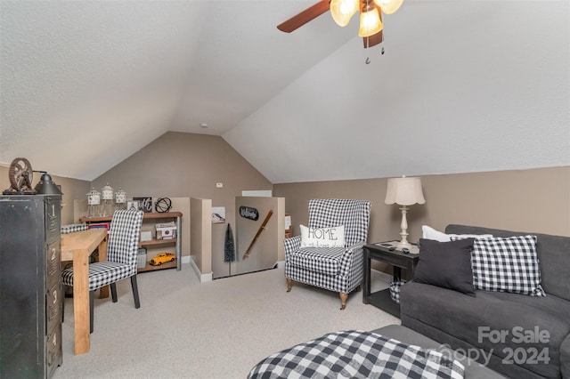 living room with light carpet, lofted ceiling, and ceiling fan