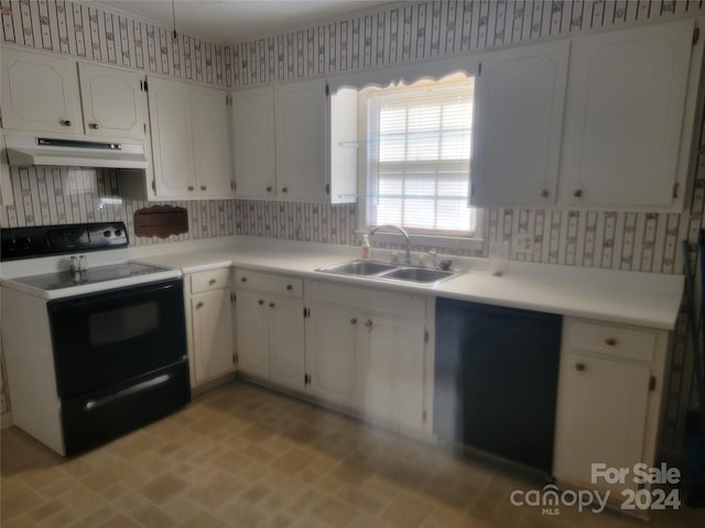 kitchen featuring dishwasher, backsplash, white cabinets, white electric range, and sink