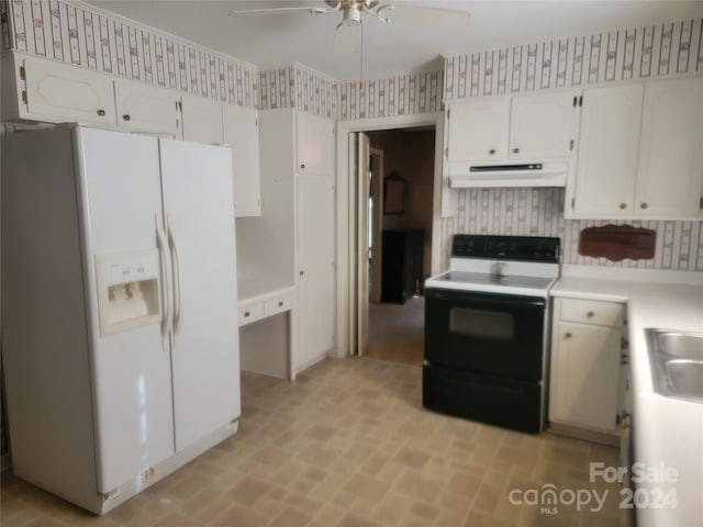 kitchen featuring white cabinetry, ceiling fan, and white appliances