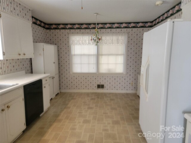 kitchen featuring white cabinets, black dishwasher, an inviting chandelier, and white fridge with ice dispenser