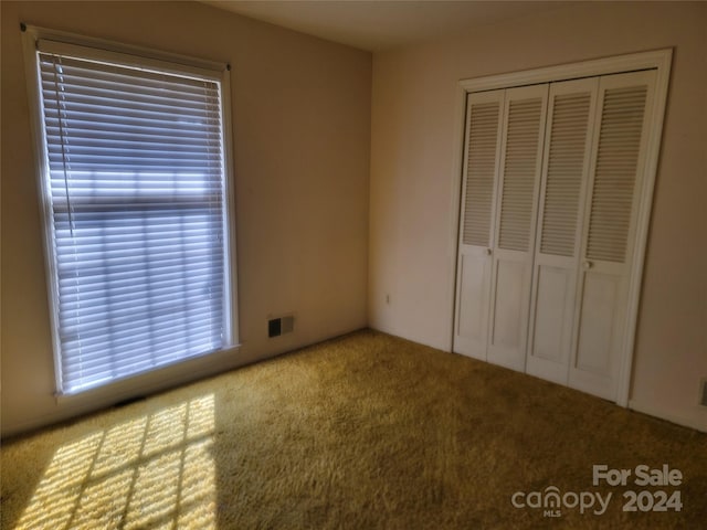 unfurnished bedroom with carpet and a closet