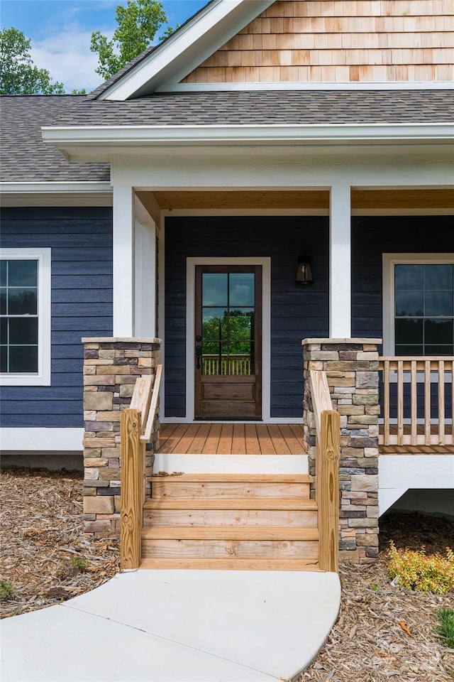 224 Country Dr, Mars Hill, NC 28754 - entrance to property with covered porch, a shingled roof, and stone siding