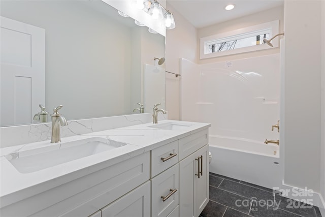 224 Country Dr, Mars Hill, NC 28754 - bathroom with double vanity, washtub / shower combination, tile patterned flooring, and recessed lighting