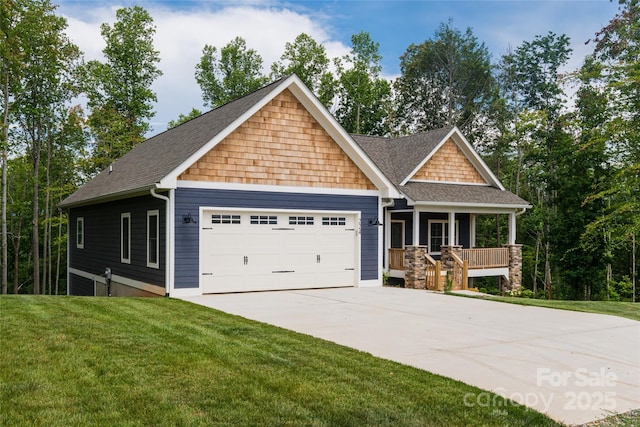 224 Country Dr, Mars Hill, NC 28754 - craftsman house featuring a porch, a front lawn, roof with shingles, a garage, and concrete driveway