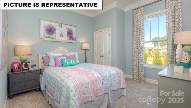 bedroom featuring a closet, ornamental molding, light carpet, and multiple windows