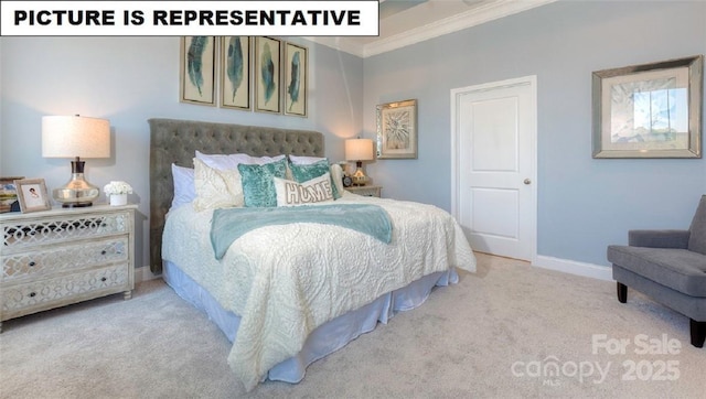 bedroom with crown molding and light colored carpet