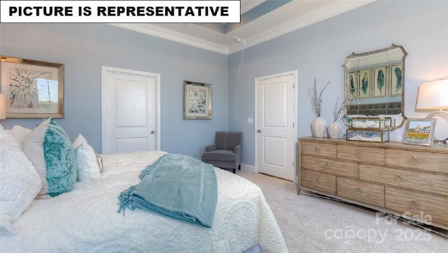 bedroom featuring light colored carpet and ornamental molding