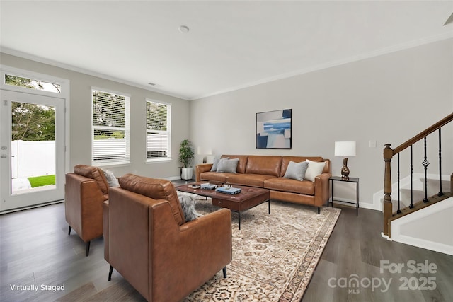 living room featuring ornamental molding and dark hardwood / wood-style flooring