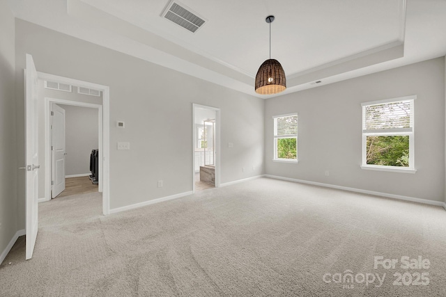 carpeted spare room with a tray ceiling