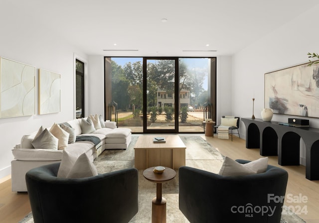 living room featuring light wood-type flooring and expansive windows