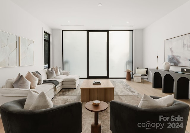 living room featuring expansive windows and light wood-type flooring