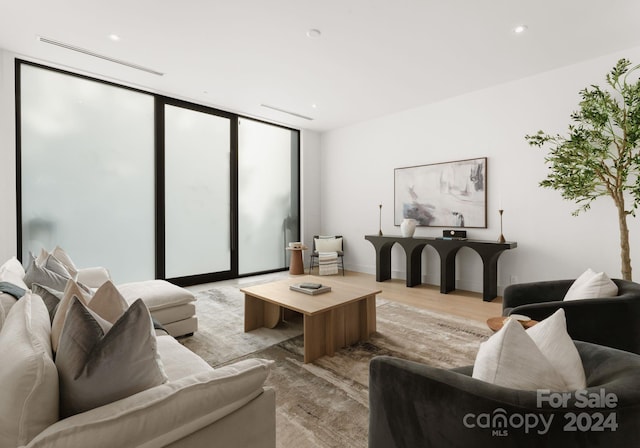 living room featuring expansive windows and light hardwood / wood-style floors