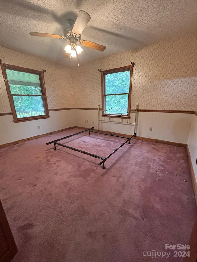 interior space featuring ceiling fan, a textured ceiling, and carpet flooring