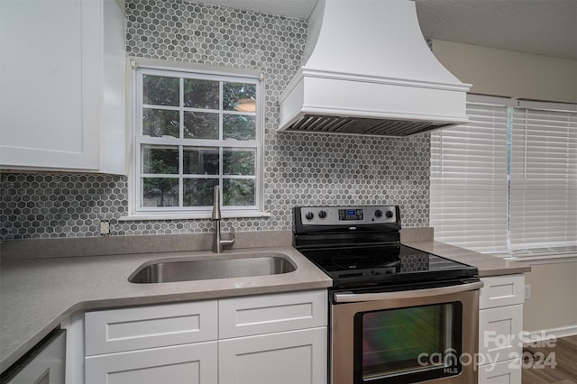 kitchen with stainless steel appliances, white cabinets, custom range hood, and backsplash