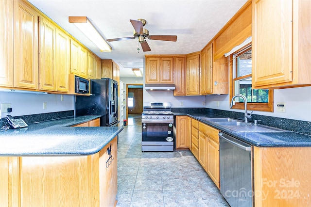 kitchen featuring black appliances, ceiling fan, and sink