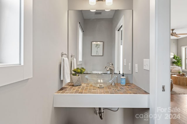 bathroom with ceiling fan, sink, and hardwood / wood-style floors