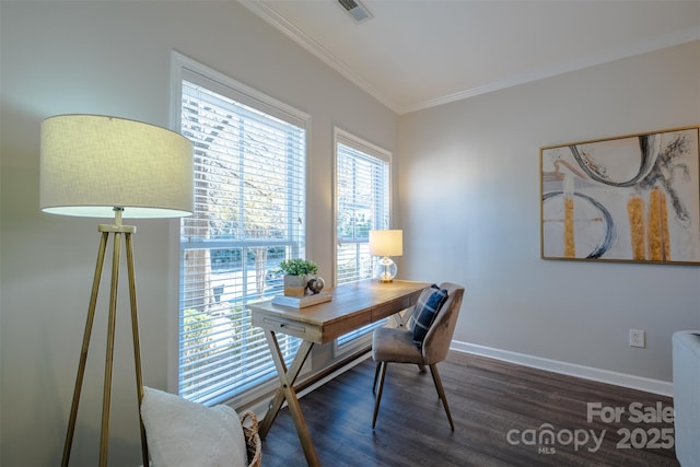 office area with dark hardwood / wood-style flooring and ornamental molding