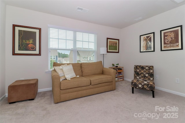 living room featuring light carpet